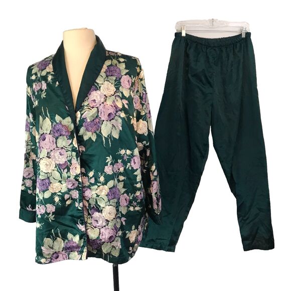 Aria Vintage 80s Womens Green‎ Floral Pajama set, Shirt Pants, Cottage Rose, M - Picture 1 of 16